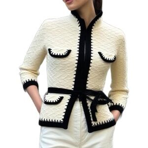 Sandra Angelozzi Chanel-Style Wool Knit Belted Cardigan in Cream Size Small